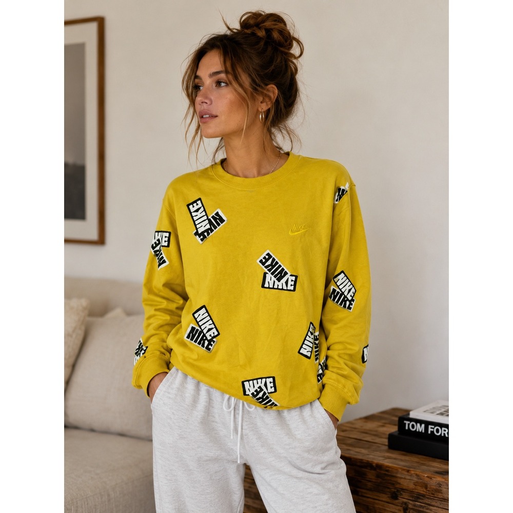 Nike Womens Yellow‎ All Over Logo Print Crewneck Sweatshirt Sportswear Small